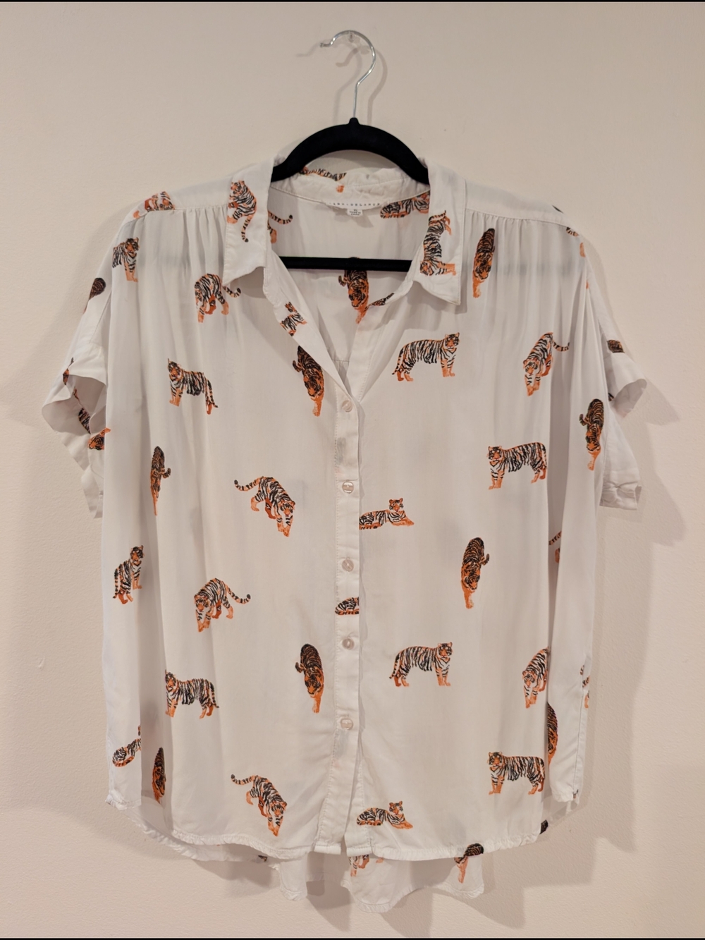 Jane and Delancey White Short-Sleeve Button-Down with Tiger Print